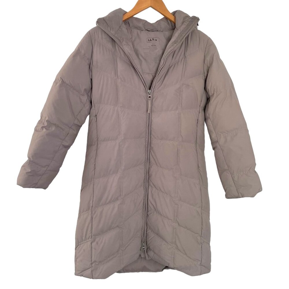 LL Bean Long Down Filled Puffer Coat PXS Petite XS Taupe Quilted Zip Up Jacket